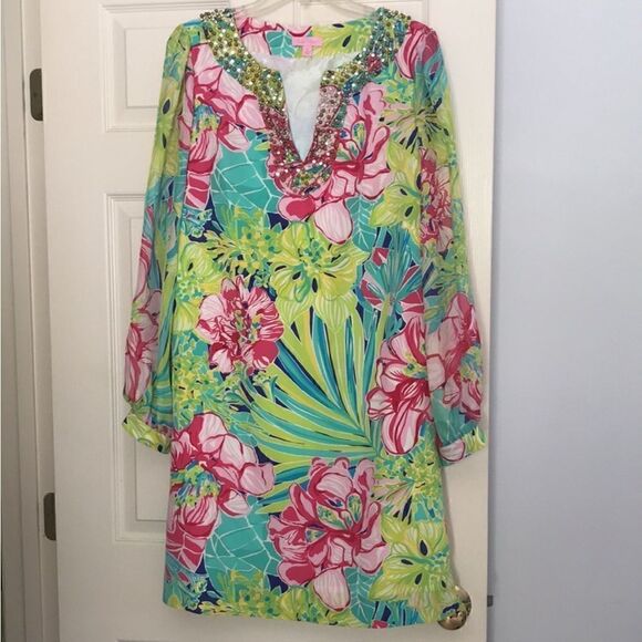 Lilly Pulitzer Silk Saemus Dress in Schooner Blue Land Escape Print Size 2 - Picture 2 of 16